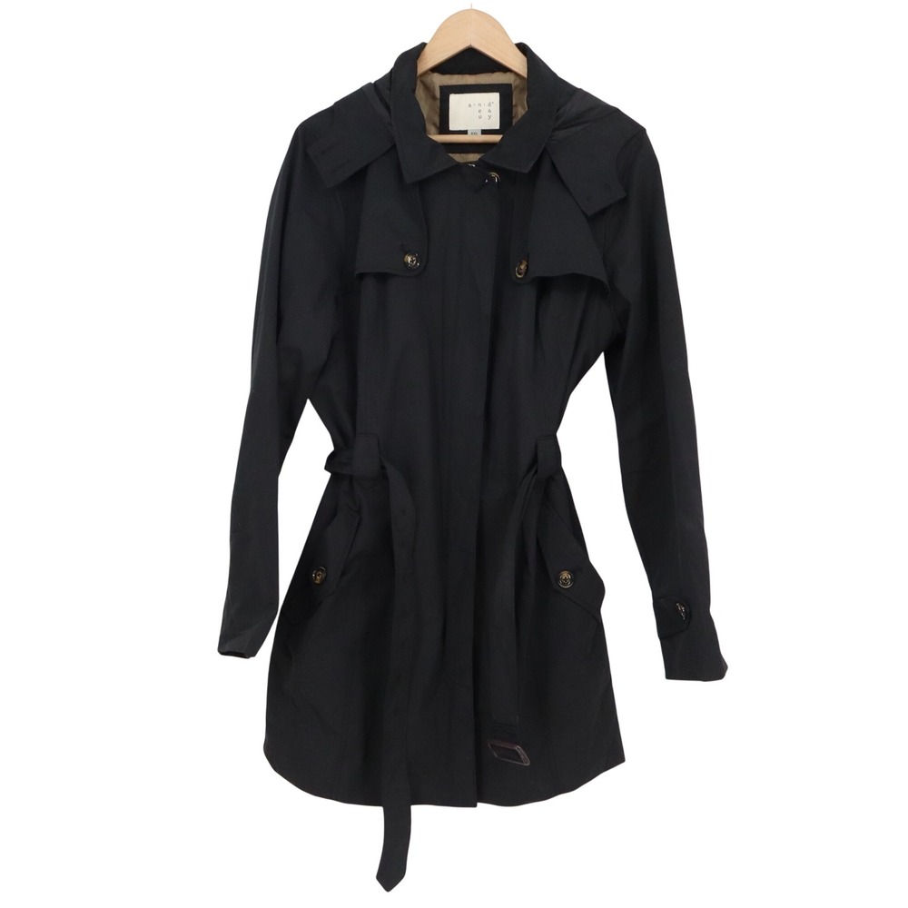 A New Day Trench Coat Womens XXL Hooded Black Belted Zip Front Excellent
